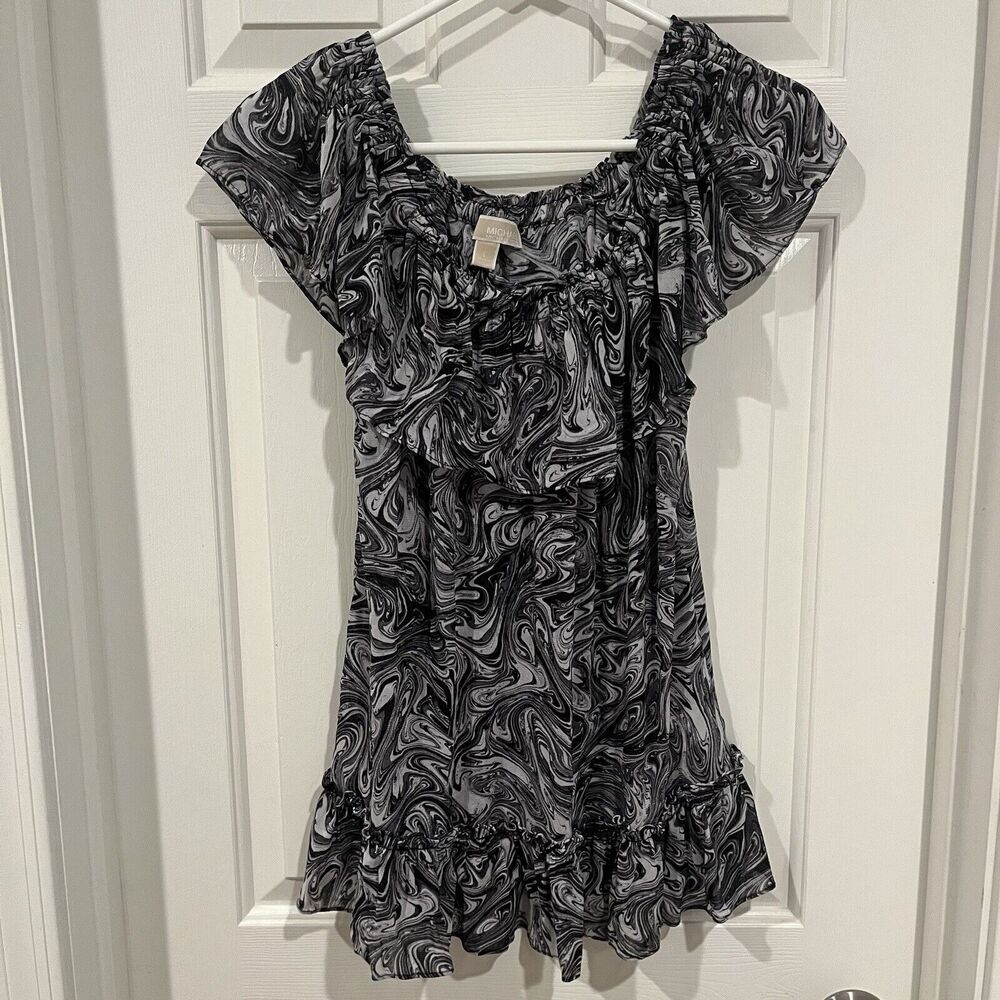 Michael Kors Blouse Top Womens L Black/White Swirl Off The Shoulder Ruffle Sheer